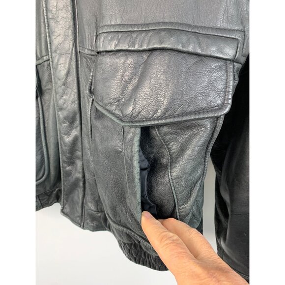 London Fog XL Black Leather Bomber Jacket Quilted Lining Multiple Pockets 8756 - Picture 12 of 12